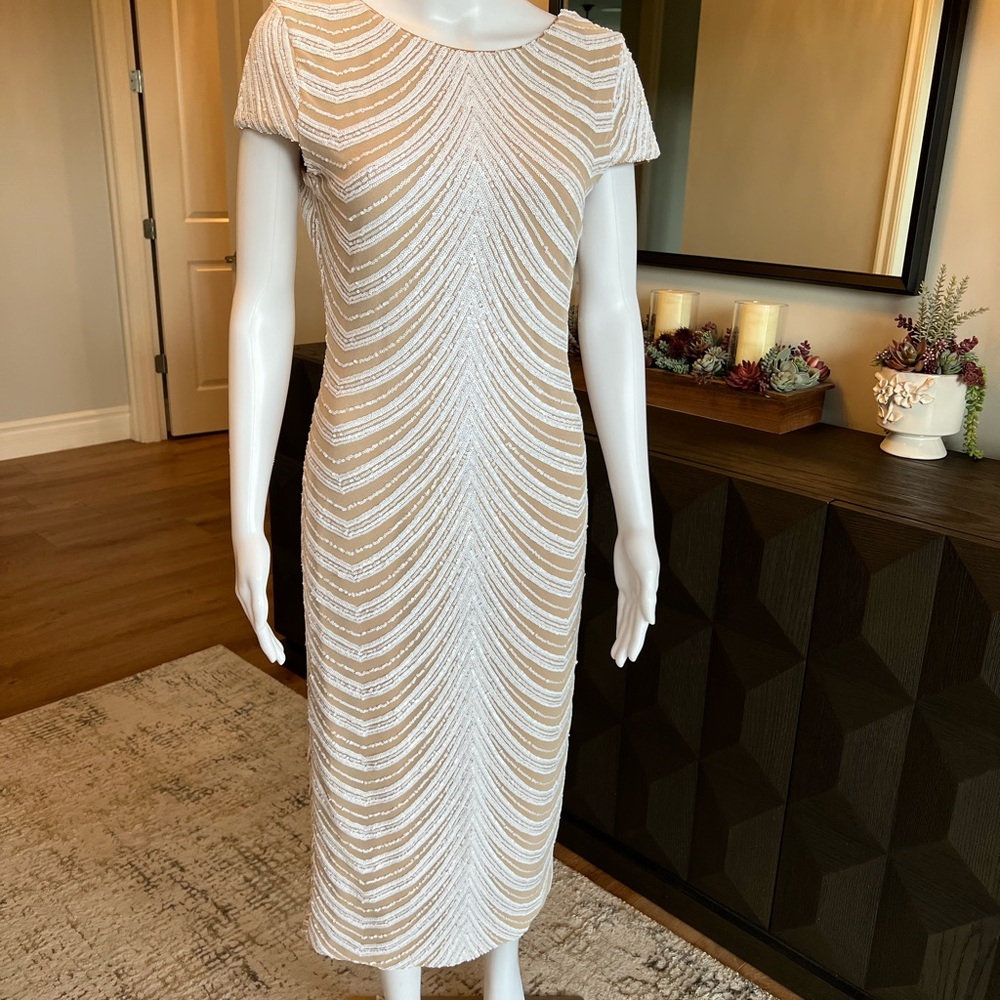 Dress the Population Beige and White Midi Dress